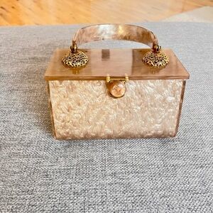 RARE 1950s Marbled Lucite Box Purse Pearl Swirl Acrylic Handbag Gold Hardware